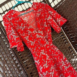Red with White Flower Wrap Dress - Size Womens Large